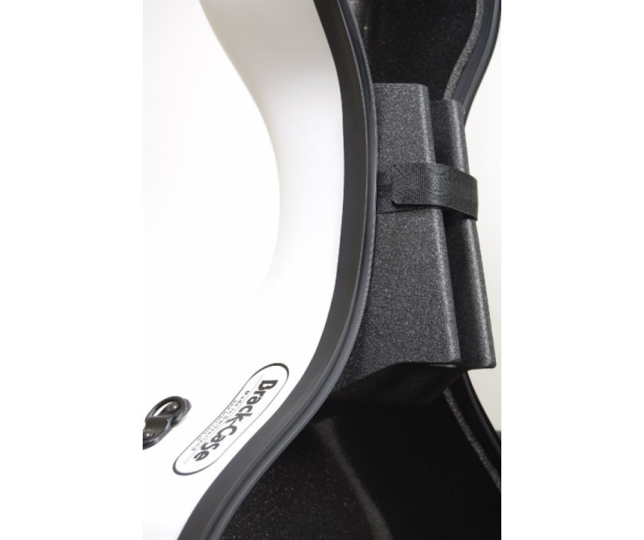 Neck view of Brack cello case in white featuring neck support.