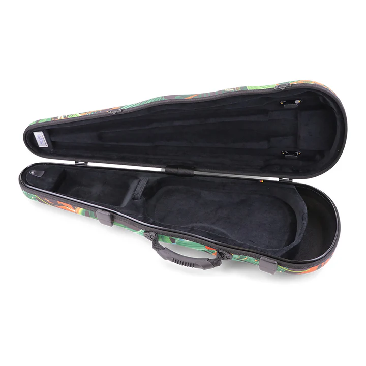 Open view of Jakob Winter Greenline Violin case in Jungle pattern